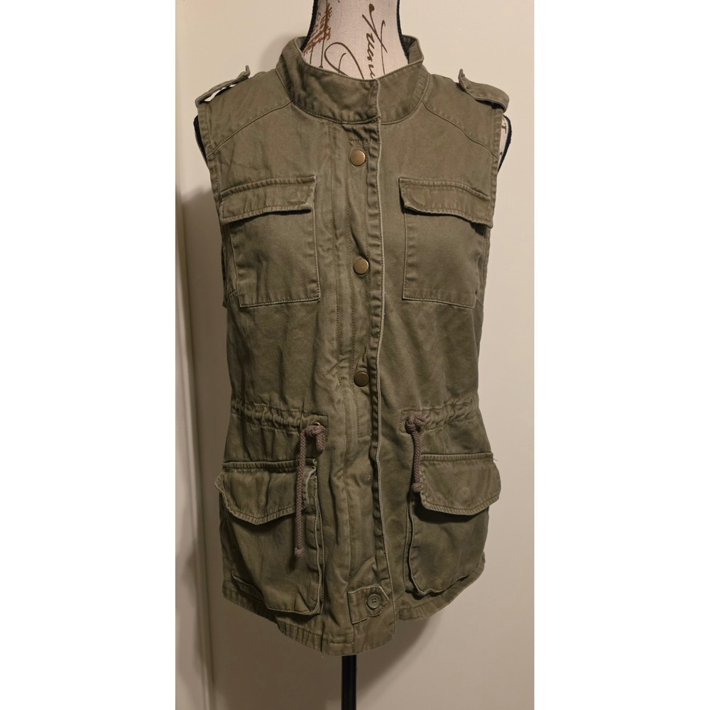 Per Se Womens Olive Green Utility Vest Cotton Military Safari Cargo Jacket Med